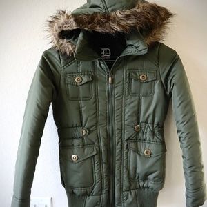 Olive Jacket With Faux Fur Hood